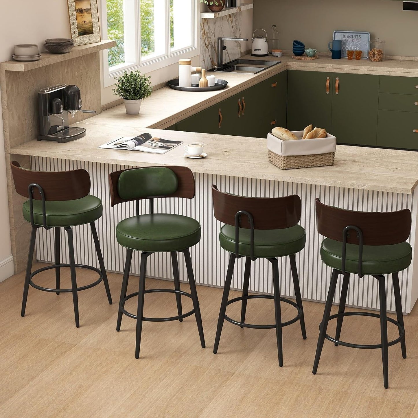 Berk Furniture Outlet Upholstered Barstools with Wood Back & Metal Legs Mid Century Modern Kitchen Island Chairs