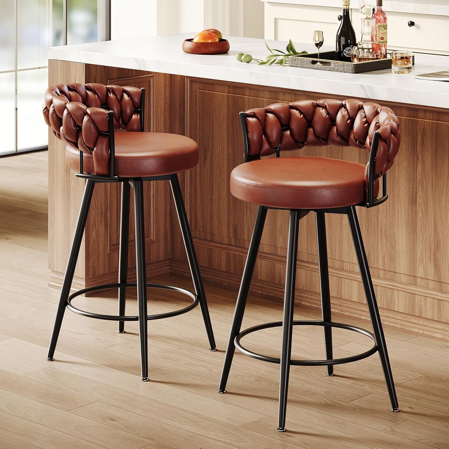Berk Furniture Outlet Faux Leather Barstools with Woven Back Support & Heavy Duty Metal Legs