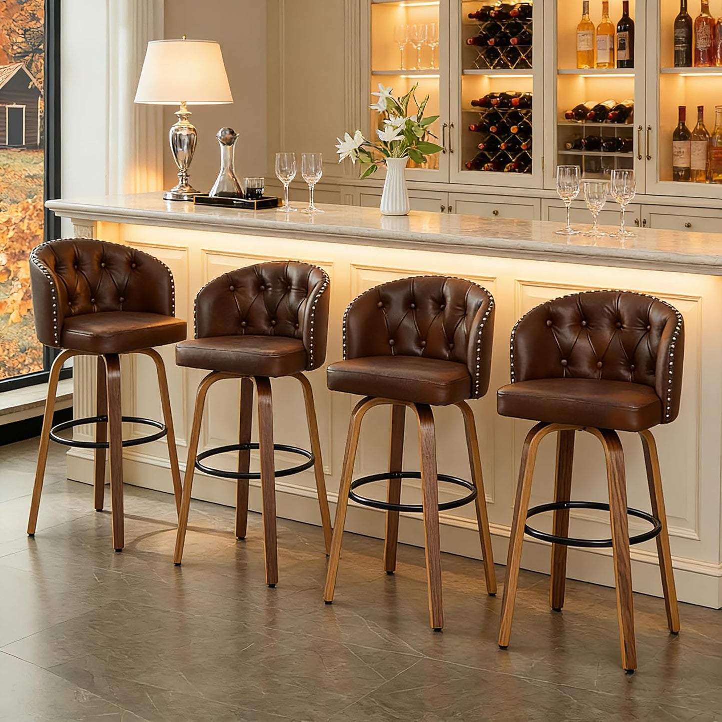 Berk Furniture Outlet Counter Height Swivel Bar Stools Set of 4 with Upholstered Leather Seats