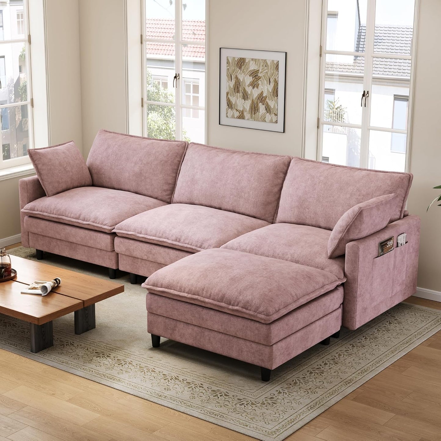 Berk Furniture Outlet 102 Inch L Shaped Modular Sectional Sofa 3 Seater Cloud Couch with Ottoman Deep Seat